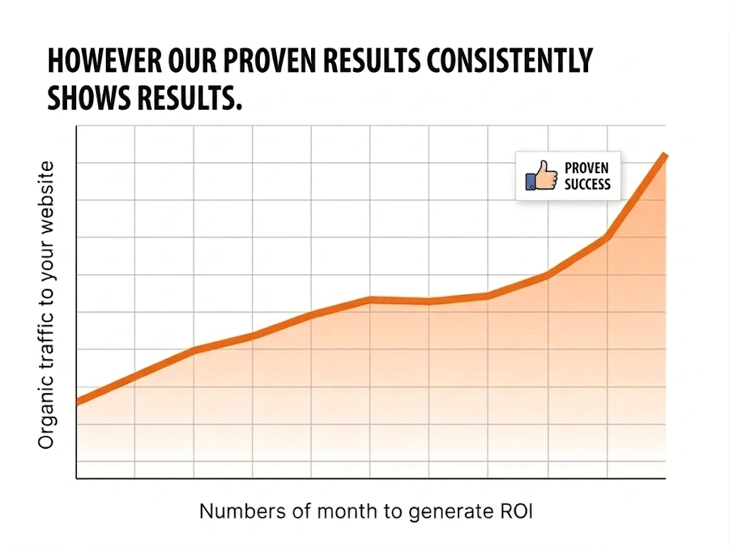 An upward-climbing orange line graph showing organic traffic growth over several months, featuring a "PROVEN SUCCESS" thumbs-up icon.