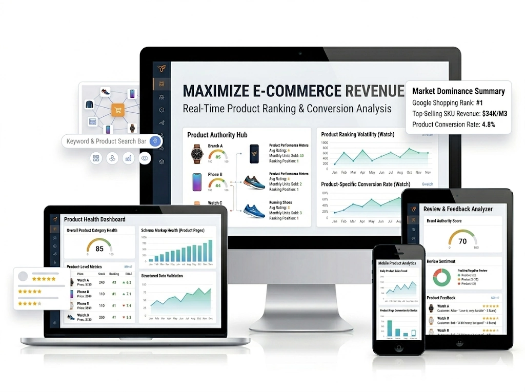 A multi-screen dashboard on an iMac, laptop, tablet, and smartphone displaying e-commerce revenue data, product rankings, and conversion analysis.