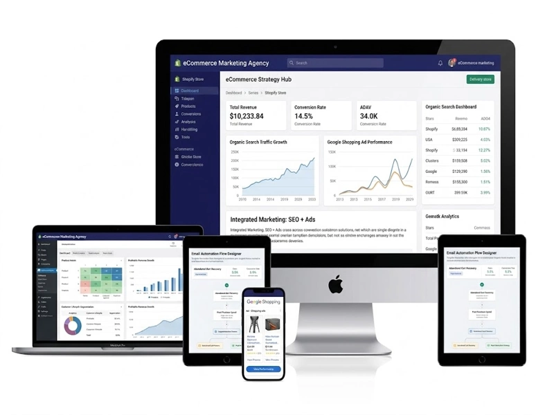 A marketing agency's data dashboard displayed across a desktop computer, laptop, two tablets, and a smartphone, showing key e-commerce SEO metrics like total revenue, conversion rate, and organic search traffic growth.