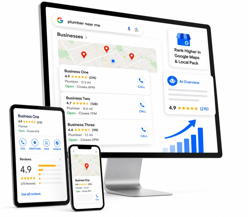 3D mockup showing local SEO search results on desktop, tablet, and mobile devices with maps, ratings, and Google-style business listings.