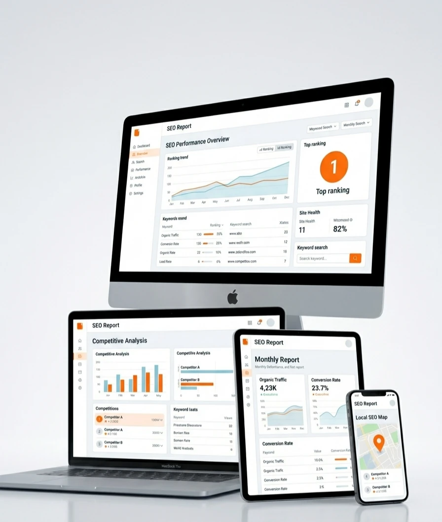 A mockup featuring a desktop monitor, laptop, tablet, and smartphone displaying orange-themed SEO reports, charts, and keyword rankings against a white background.