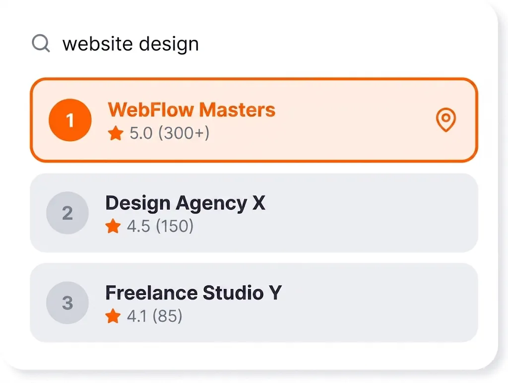 Ranked design search results: WebFlow Masters is top.