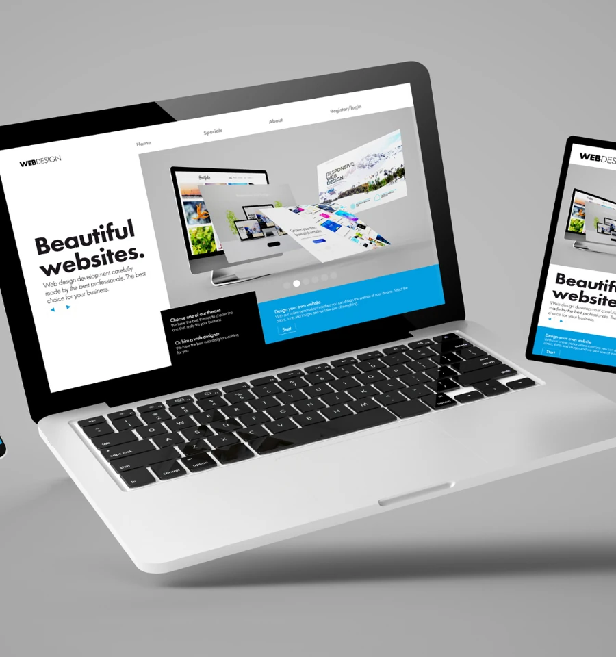 A high-end laptop mockup displaying a "Beautiful Websites" layout with a responsive mobile view.