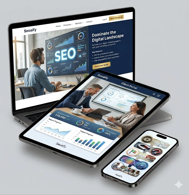 A high-quality mockup featuring a laptop, tablet, and smartphone displaying professional SEO and website design layouts for Seoaify on a light grey background.